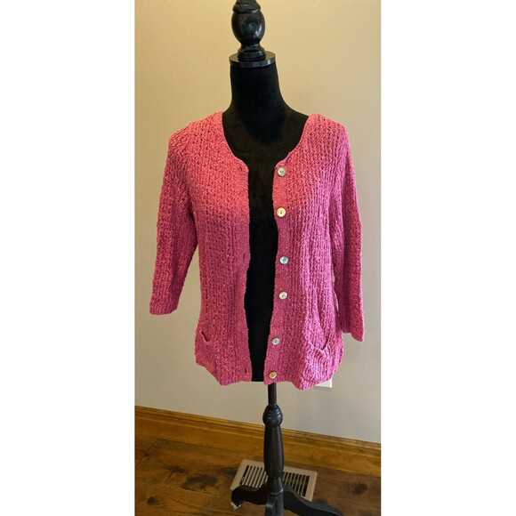 J Jill Rose Pink Linen Cotton Blend Open Weave Cardigan Sz Large Fuchsia Pink - Picture 1 of 10